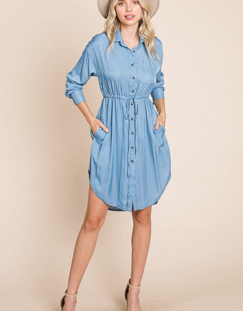 Load image into Gallery viewer, Button Down drawstring Tie waist Chambray Dress by RolyPoly Apparel
