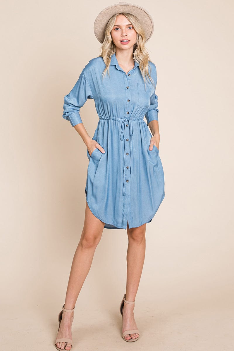 Button Down drawstring Tie waist Chambray Dress by RolyPoly Apparel