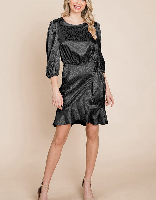 Load image into Gallery viewer, Satin Leopard Print Ruffle Hem Dress by RolyPoly Apparel
