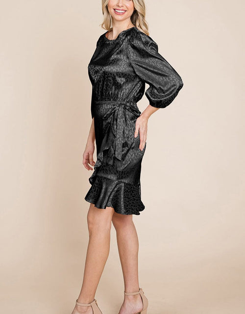 Load image into Gallery viewer, Satin Leopard Print Ruffle Hem Dress by RolyPoly Apparel

