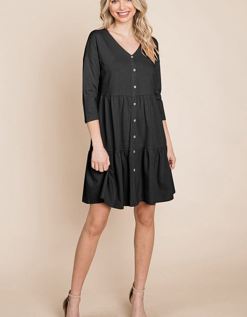 Load image into Gallery viewer, V neck Button Front Tiered Babydoll dress by RolyPoly Apparel
