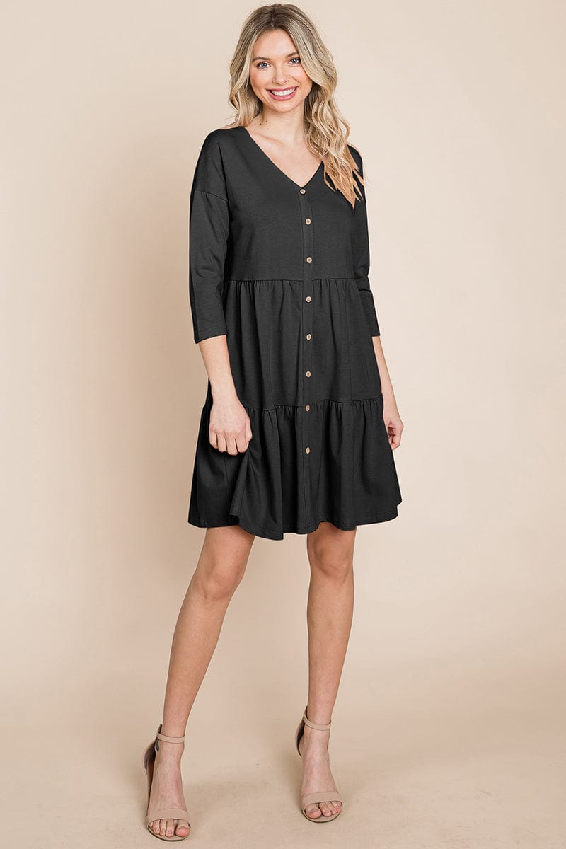 V neck Button Front Tiered Babydoll dress by RolyPoly Apparel