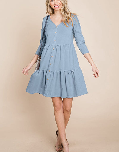 Load image into Gallery viewer, V neck Button Front Tiered Babydoll dress by RolyPoly Apparel
