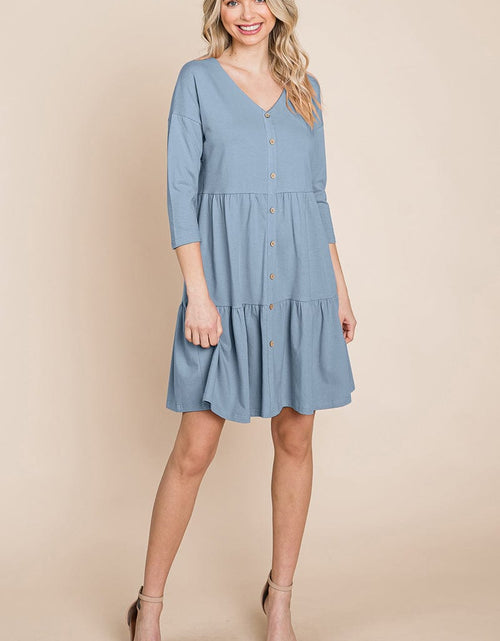 Load image into Gallery viewer, V neck Button Front Tiered Babydoll dress by RolyPoly Apparel
