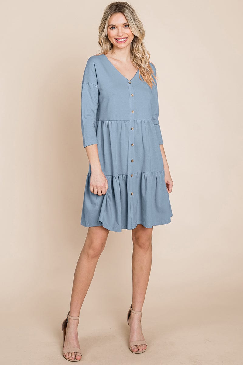 V neck Button Front Tiered Babydoll dress by RolyPoly Apparel