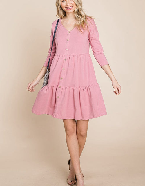 Load image into Gallery viewer, V neck Button Front Tiered Babydoll dress by RolyPoly Apparel
