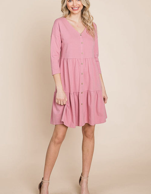 Load image into Gallery viewer, V neck Button Front Tiered Babydoll dress by RolyPoly Apparel
