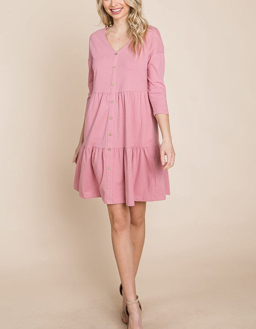 Load image into Gallery viewer, V neck Button Front Tiered Babydoll dress by RolyPoly Apparel
