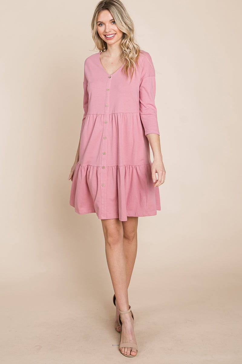 V neck Button Front Tiered Babydoll dress by RolyPoly Apparel