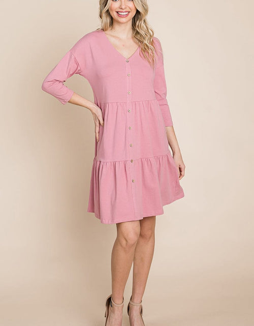 Load image into Gallery viewer, V neck Button Front Tiered Babydoll dress by RolyPoly Apparel
