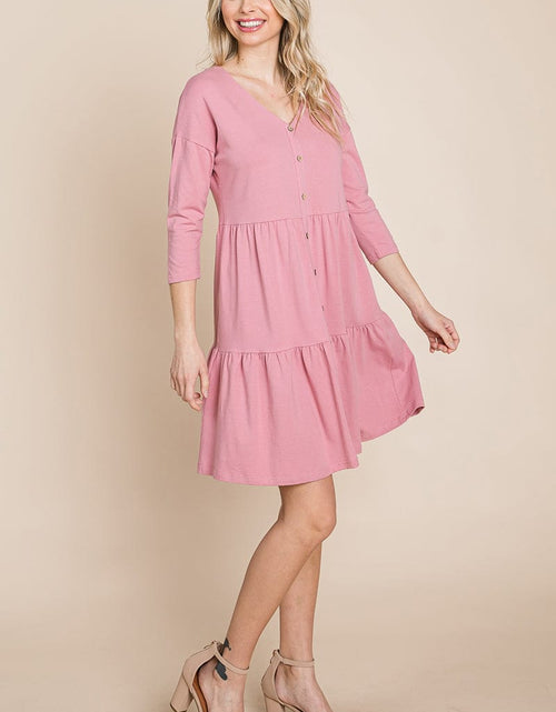 Load image into Gallery viewer, V neck Button Front Tiered Babydoll dress by RolyPoly Apparel
