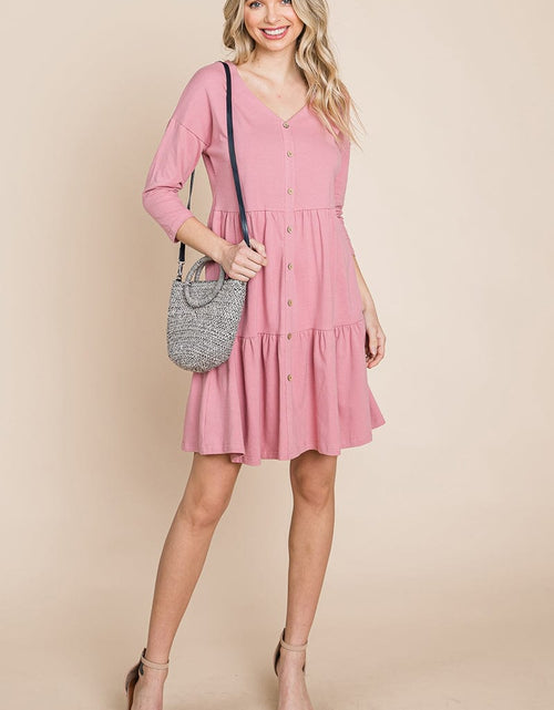 Load image into Gallery viewer, V neck Button Front Tiered Babydoll dress by RolyPoly Apparel
