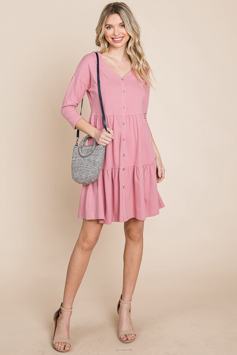 V neck Button Front Tiered Babydoll dress by RolyPoly Apparel
