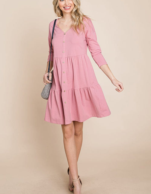 Load image into Gallery viewer, V neck Button Front Tiered Babydoll dress by RolyPoly Apparel
