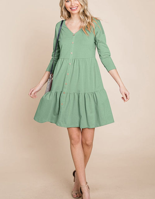 Load image into Gallery viewer, V neck Button Front Tiered Babydoll dress by RolyPoly Apparel
