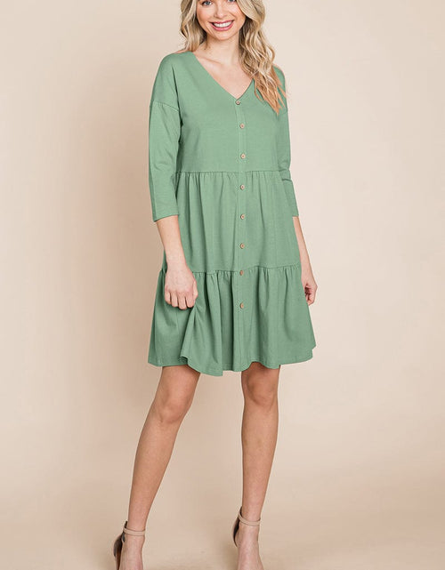 Load image into Gallery viewer, V neck Button Front Tiered Babydoll dress by RolyPoly Apparel
