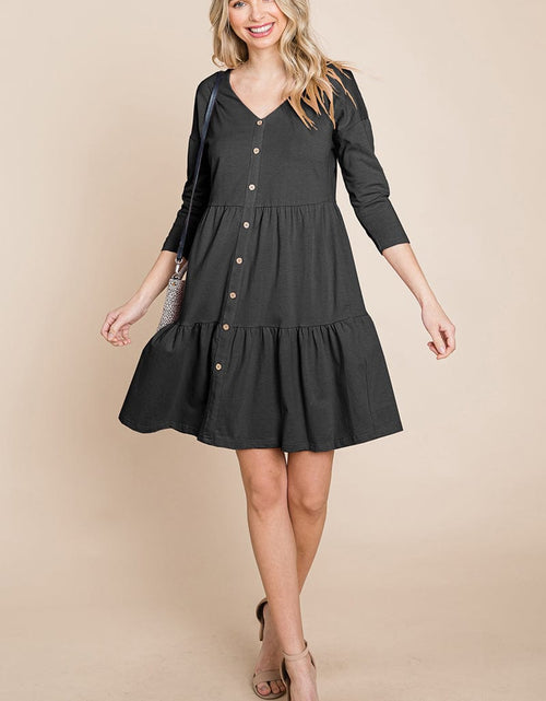 Load image into Gallery viewer, V neck Button Front Tiered Babydoll dress by RolyPoly Apparel
