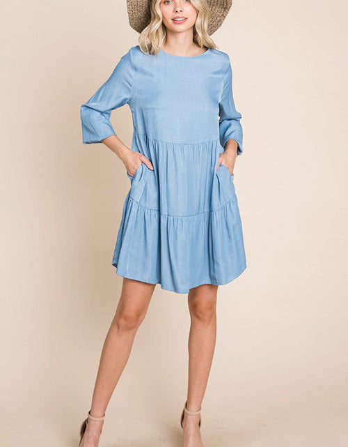 Load image into Gallery viewer, Chambray Pleated Tiered Long Sleeve Dress by RolyPoly Apparel
