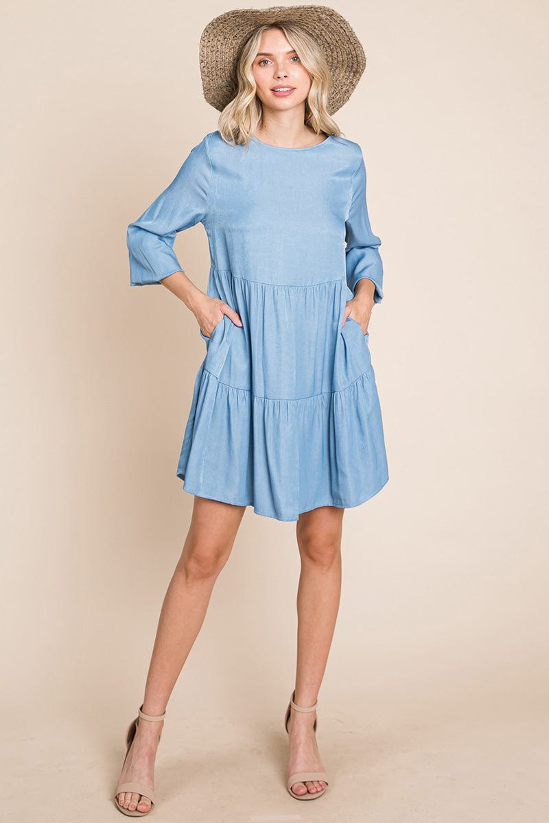 Chambray Pleated Tiered Long Sleeve Dress by RolyPoly Apparel