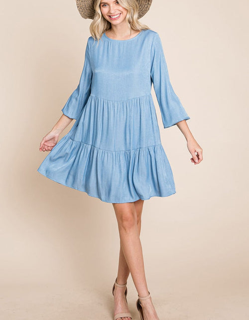 Load image into Gallery viewer, Chambray Pleated Tiered Long Sleeve Dress by RolyPoly Apparel

