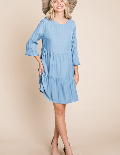 Load image into Gallery viewer, Chambray Pleated Tiered Long Sleeve Dress by RolyPoly Apparel
