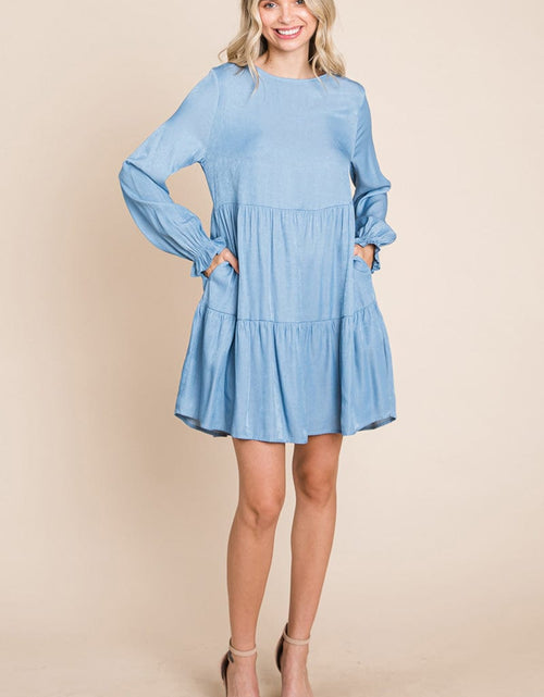 Load image into Gallery viewer, Chambray Pleated Tiered Long Sleeve Dress by RolyPoly Apparel
