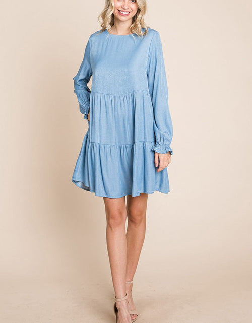 Load image into Gallery viewer, Chambray Pleated Tiered Long Sleeve Dress by RolyPoly Apparel
