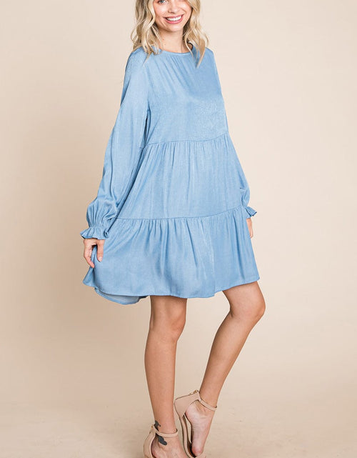 Load image into Gallery viewer, Chambray Pleated Tiered Long Sleeve Dress by RolyPoly Apparel
