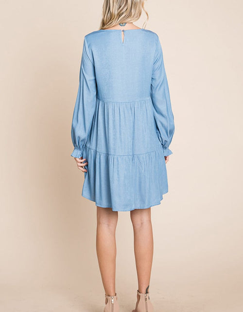 Load image into Gallery viewer, Chambray Pleated Tiered Long Sleeve Dress by RolyPoly Apparel
