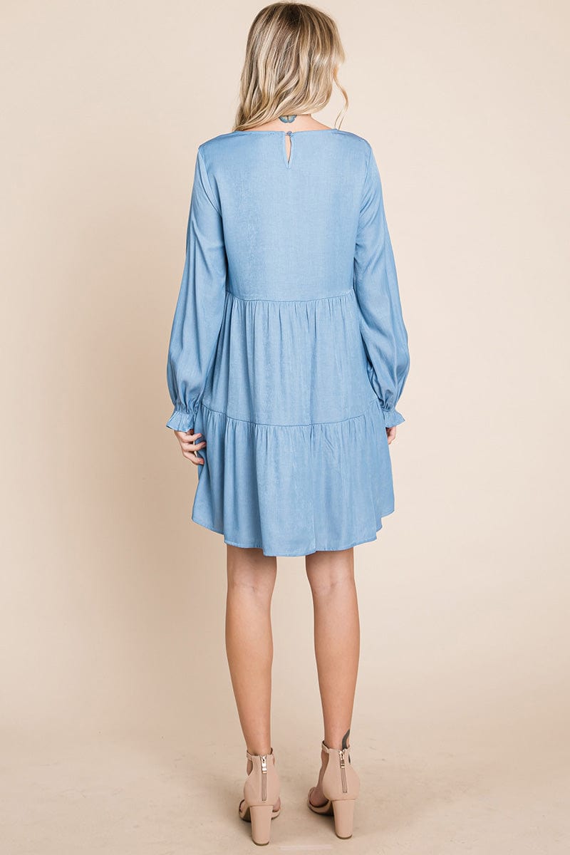 Chambray Pleated Tiered Long Sleeve Dress by RolyPoly Apparel