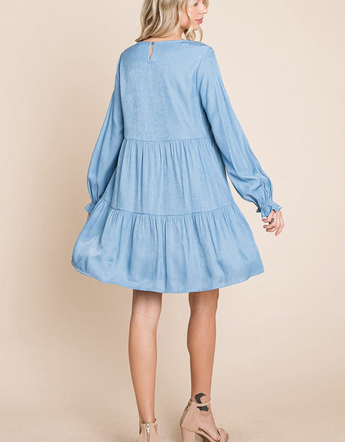 Load image into Gallery viewer, Chambray Pleated Tiered Long Sleeve Dress by RolyPoly Apparel

