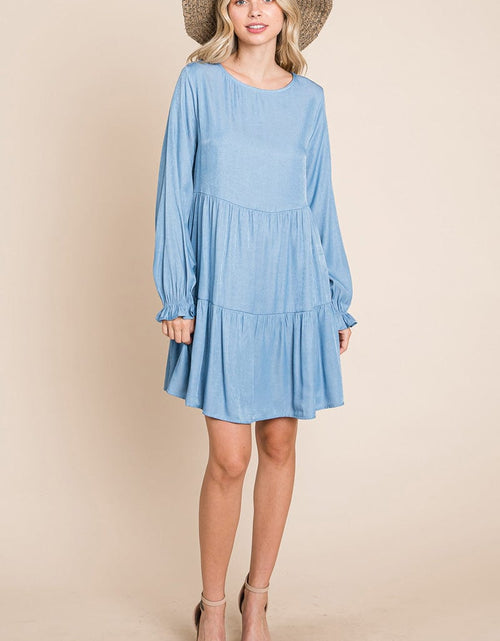 Load image into Gallery viewer, Chambray Pleated Tiered Long Sleeve Dress by RolyPoly Apparel
