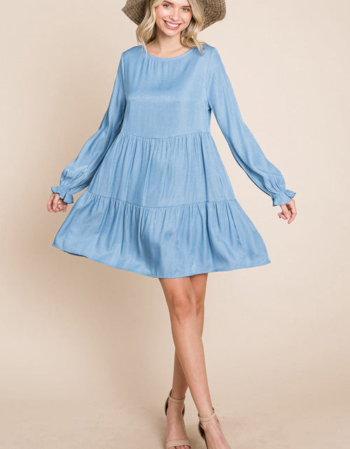 Load image into Gallery viewer, Chambray Pleated Tiered Long Sleeve Dress by RolyPoly Apparel
