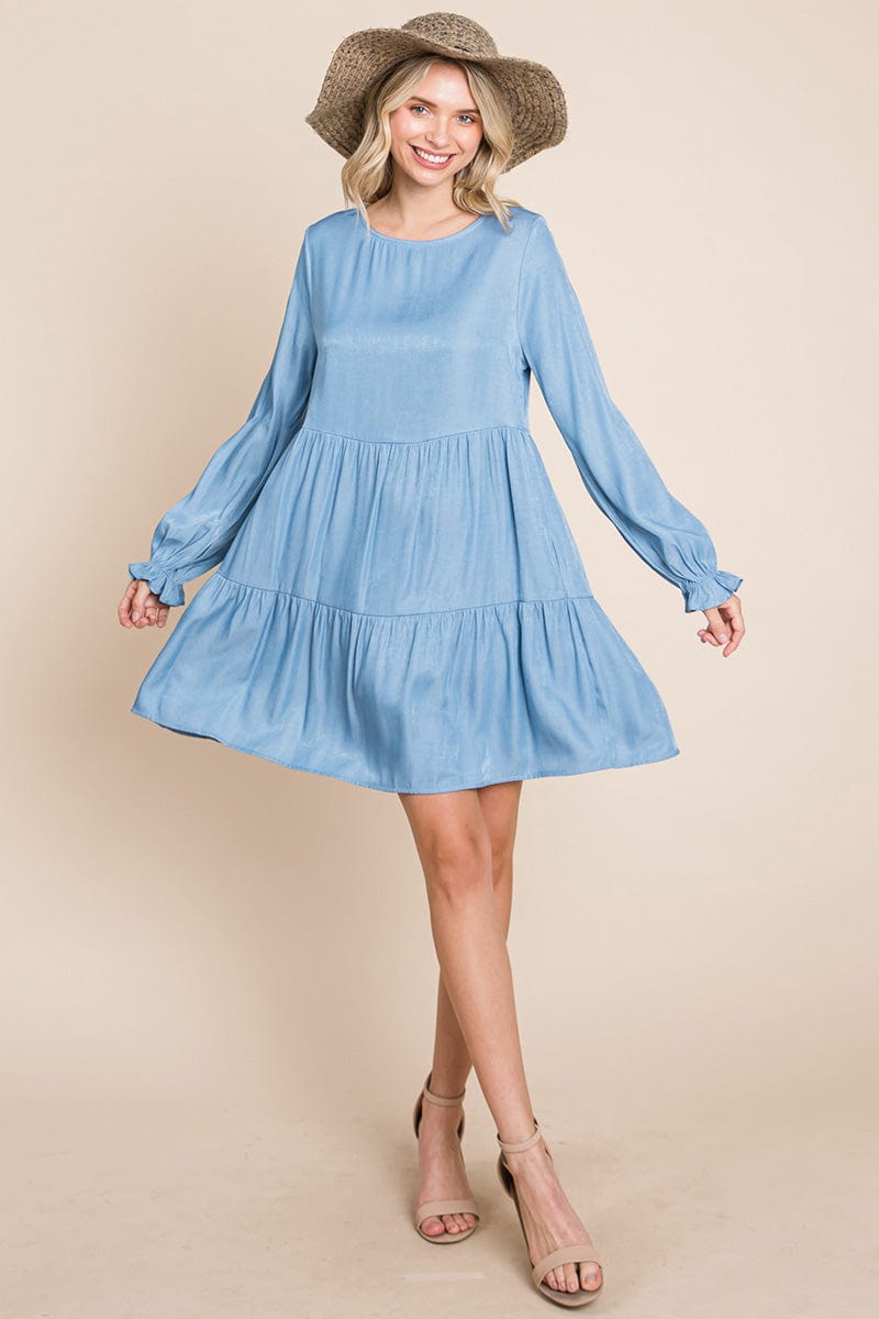 Chambray Pleated Tiered Long Sleeve Dress by RolyPoly Apparel