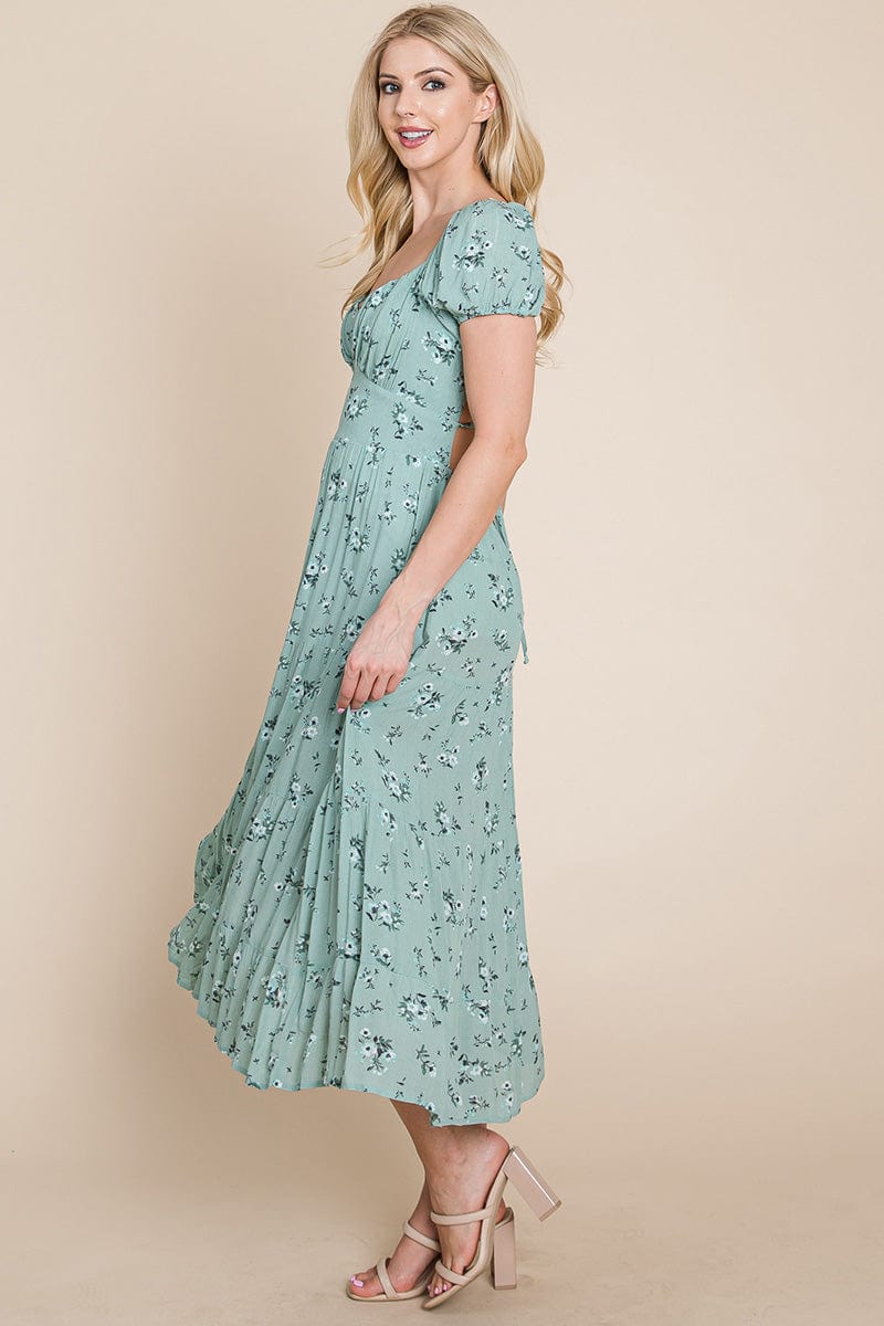 Floral Pleated Open back Midi Dress by RolyPoly Apparel
