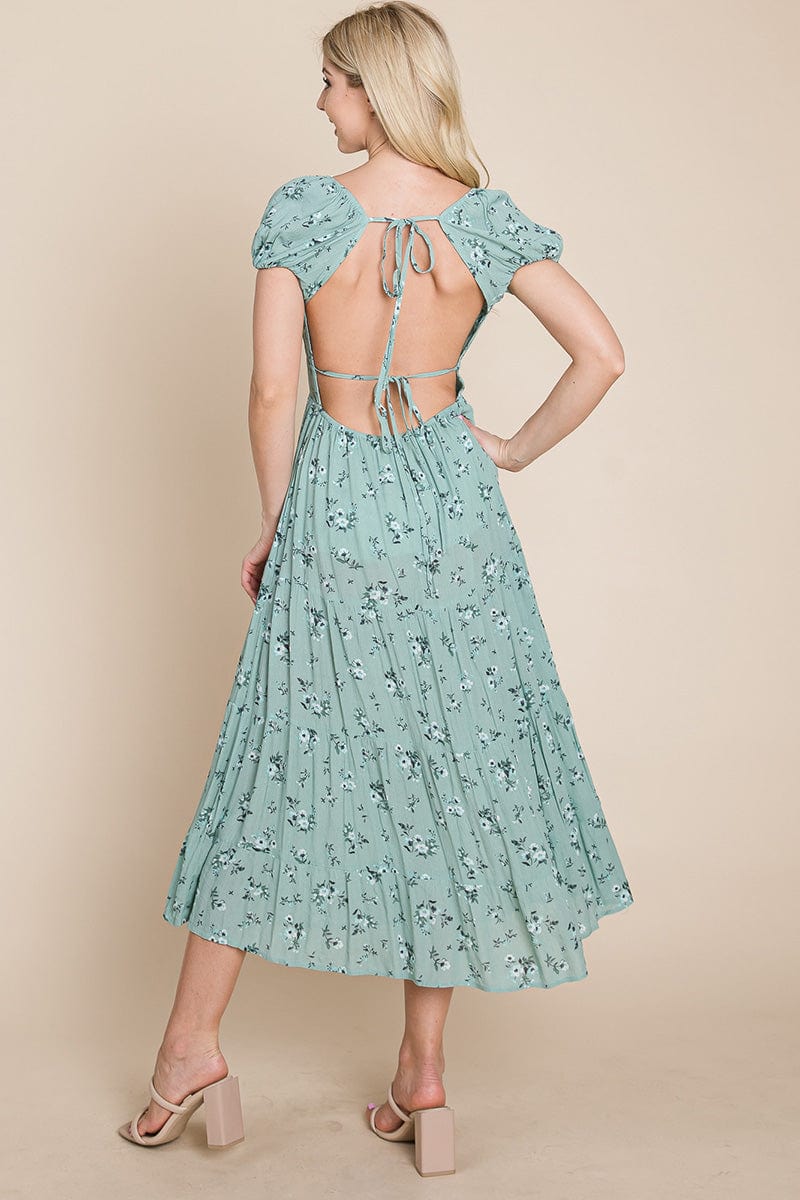 Floral Pleated Open back Midi Dress by RolyPoly Apparel