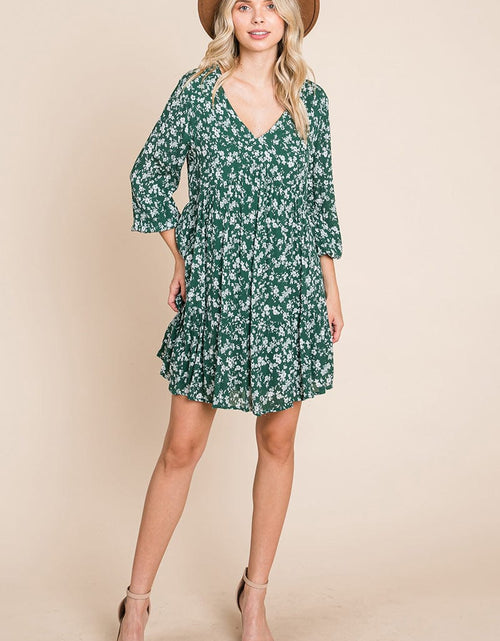 Load image into Gallery viewer, V neck Floral Printed Long Sleeve Pleated Dress by RolyPoly Apparel
