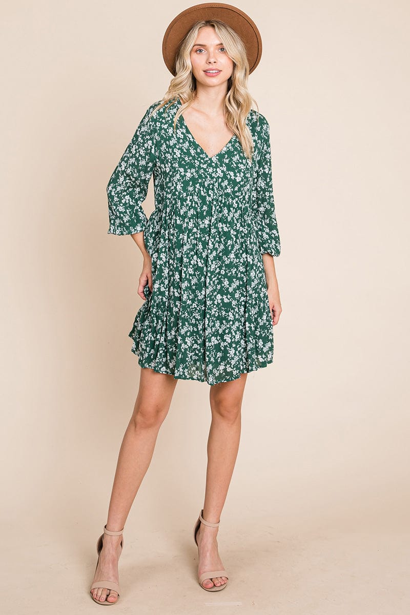 V neck Floral Printed Long Sleeve Pleated Dress by RolyPoly Apparel