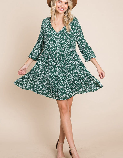 Load image into Gallery viewer, V neck Floral Printed Long Sleeve Pleated Dress by RolyPoly Apparel
