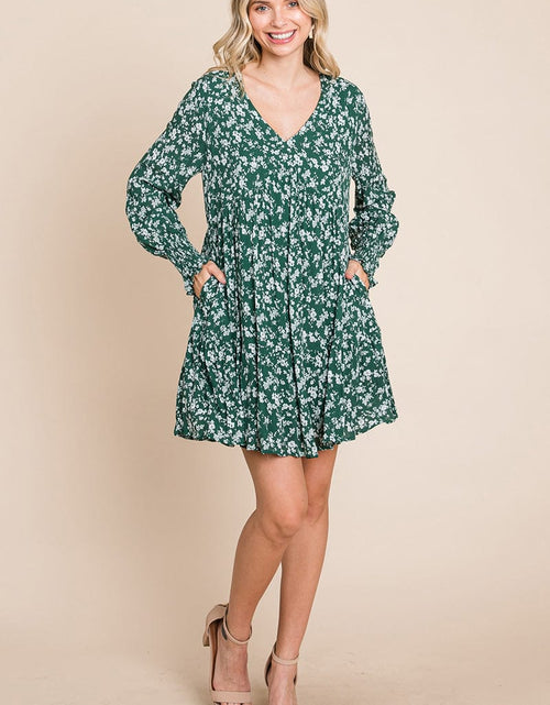 Load image into Gallery viewer, V neck Floral Printed Long Sleeve Pleated Dress by RolyPoly Apparel
