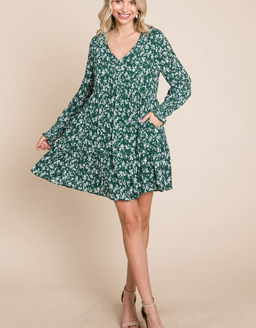 Load image into Gallery viewer, V neck Floral Printed Long Sleeve Pleated Dress by RolyPoly Apparel
