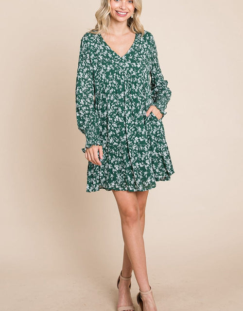 Load image into Gallery viewer, V neck Floral Printed Long Sleeve Pleated Dress by RolyPoly Apparel
