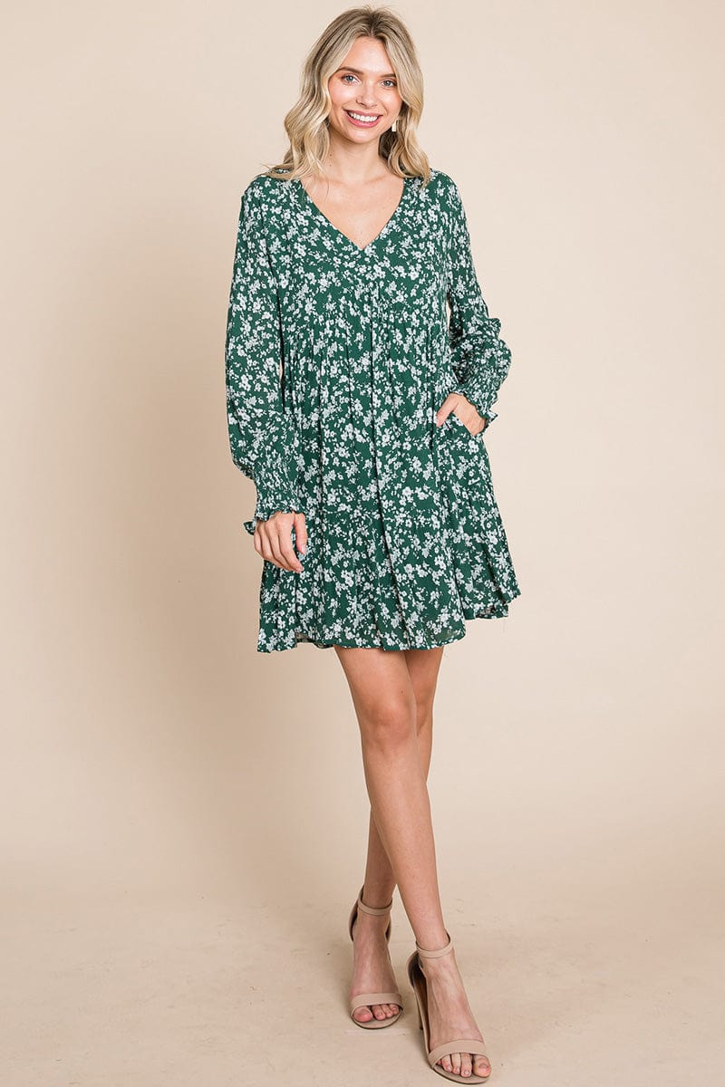 V neck Floral Printed Long Sleeve Pleated Dress by RolyPoly Apparel