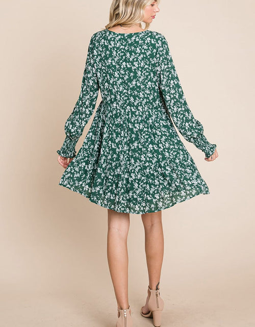 Load image into Gallery viewer, V neck Floral Printed Long Sleeve Pleated Dress by RolyPoly Apparel
