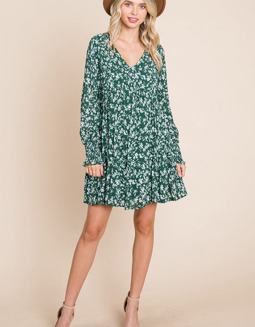 Load image into Gallery viewer, V neck Floral Printed Long Sleeve Pleated Dress by RolyPoly Apparel

