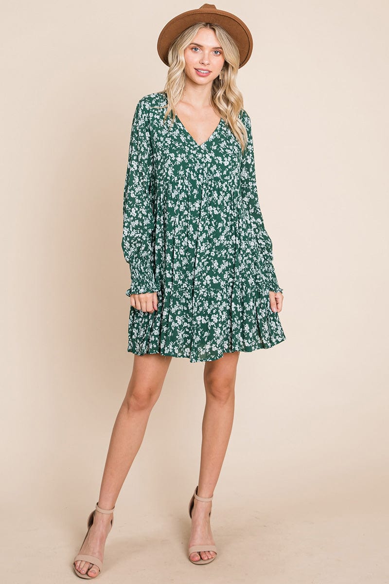 V neck Floral Printed Long Sleeve Pleated Dress by RolyPoly Apparel