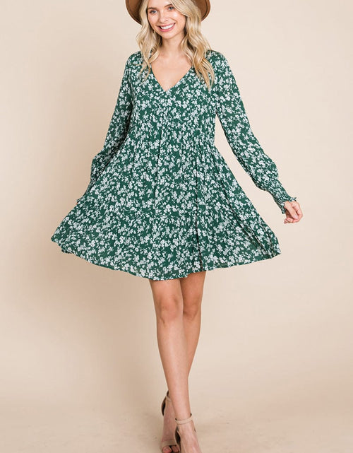 Load image into Gallery viewer, V neck Floral Printed Long Sleeve Pleated Dress by RolyPoly Apparel
