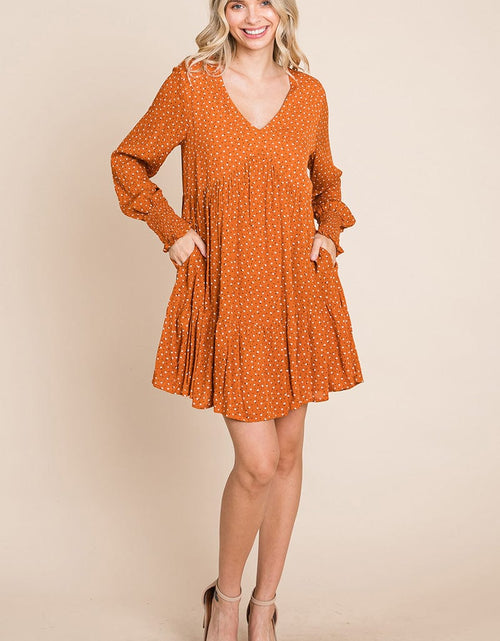 Load image into Gallery viewer, V neck Floral Printed Long Sleeve Pleated Dress by RolyPoly Apparel
