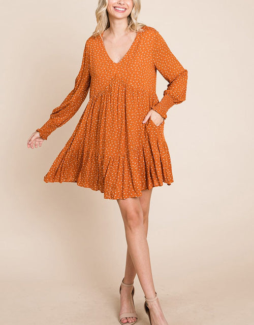 Load image into Gallery viewer, V neck Floral Printed Long Sleeve Pleated Dress by RolyPoly Apparel

