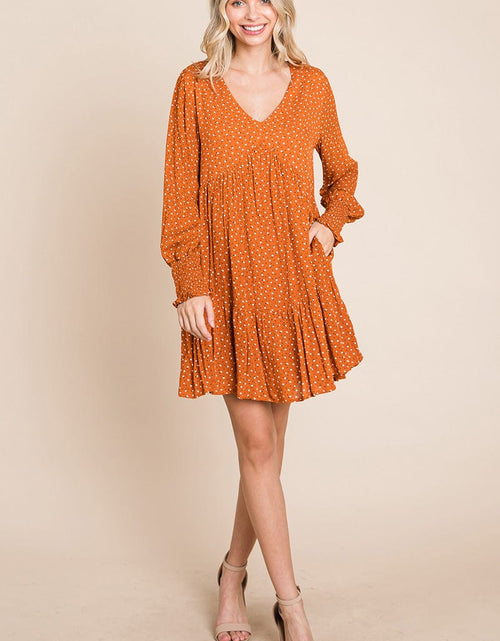 Load image into Gallery viewer, V neck Floral Printed Long Sleeve Pleated Dress by RolyPoly Apparel

